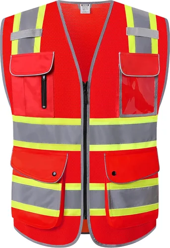 Miniatura 7 de Chalecos de seguridad reflectantes clase 2 retro con 9 bolsillos y cremallera frontal ANSI/ISEA 107-2015 (Negro-03, S)