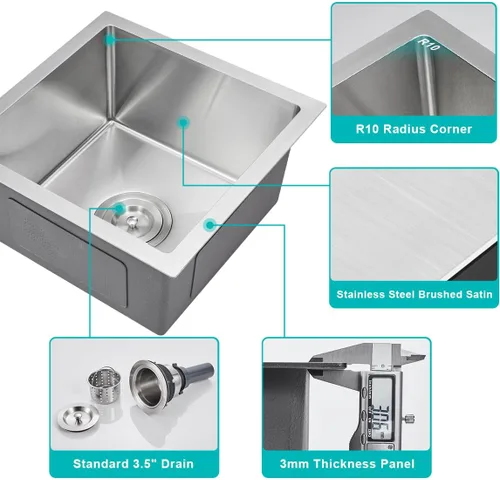 Miniatura 4 de Fregadero de cocina empotrado de 15 x 15 pulgadas, fregadero de barra de cocina de acero inoxidable T-304 hecho a mano de cuenco único o pequeño