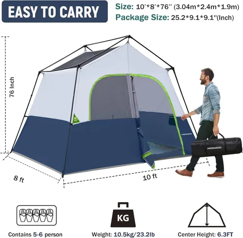 Miniatura 2 de HIKERGARDEN - Tienda de campaña para 6 a 8 personas, tienda de campaña familiar portátil para campamento, tienda de campaña de tela resistente al