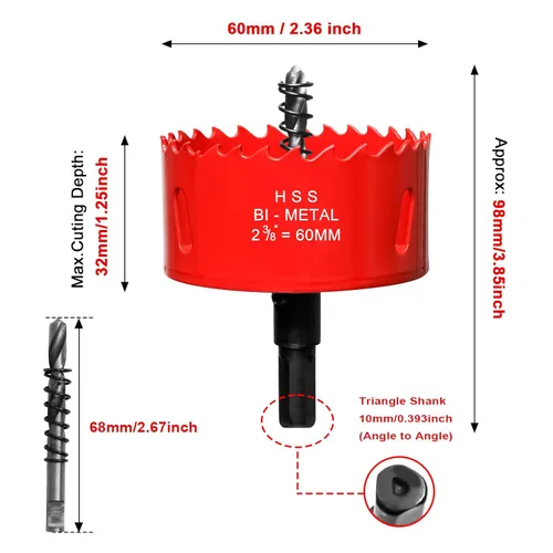 Miniatura 2 de Sierra perforadora de 2 3/8 pulgadas (60mm) para madera y plástico, broca de núcleo de cortador de agujeros bimetálico HSS para paneles de yeso, Rojo