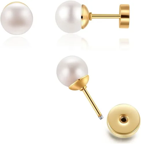 Miniatura 9 de Pearl Stud Earrings for Women,Flat Screw Back Pearl Helix Earrings Cartilage Earrings 316L Surgical Steel Piercing Jewelry Gift(7,8,9,10mm Pearl)