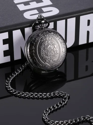 Miniatura 5 de Reloj de bolsillo de cuarzo para hombre con esfera negra y cadena