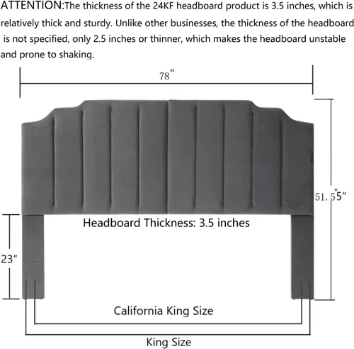 Miniatura 2 de 24KF - Cabecera tapizada de terciopelo gris oscuro con botones, tamaño California King, diseño moderno de canales verticales con borde superior
