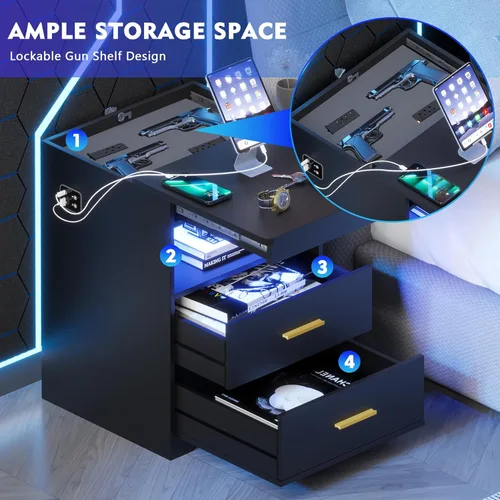Miniatura 4 de Gurexl Juego de 2 mesitas de noche con estación de carga para dormitorio, mesa auxiliar con cajón secreto para armas, moderna mesa auxiliar LED