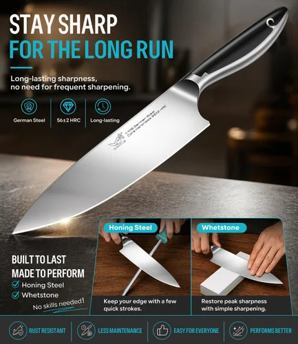 Miniatura 7 de Cuchillo de chef de 8 pulgadas en acero alemán EN1.4116 de alto carbono, ultra afilado, antideslizante, mango de espiga completa, apto