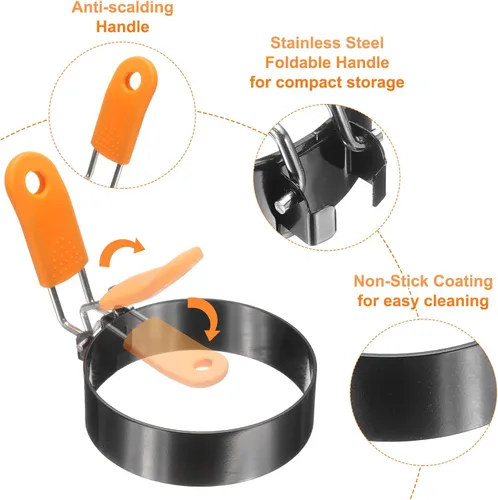 Miniatura 4 de HARFINGTON 2 anillos de huevo de 6 pulgadas de acero inoxidable antiadherente para panqueques con mango de silicona para freír huevos sándwich