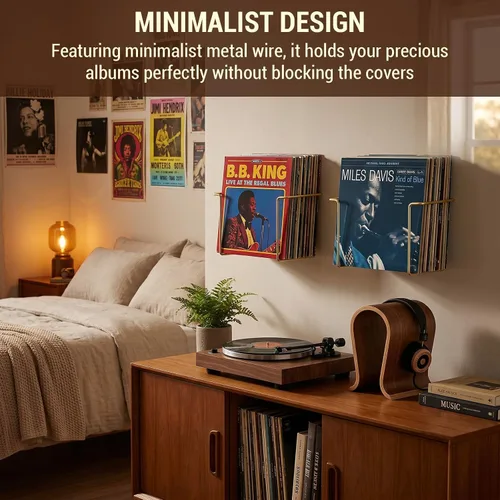 Miniatura 3 de MyGift - Estantes de pared de alambre metálico para discos de vinilo modernos, portadiscos LP colgantes, estantes flotantes para cubiertas de Latón