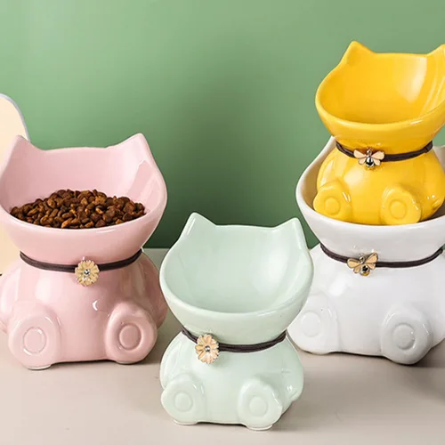 Miniatura 4 de Disoza Cuencos elevados de cerámica para gatos de interior de 5.8 pulgadas, lindos cuencos elevados de comida verdes inclinados de 15°, aptos