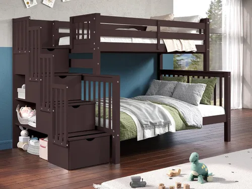 Miniatura 12 de Bedz King Literas de escalera de tamaño individual sobre matrimonial con 4 cajones en los escalones, color cereza oscuro