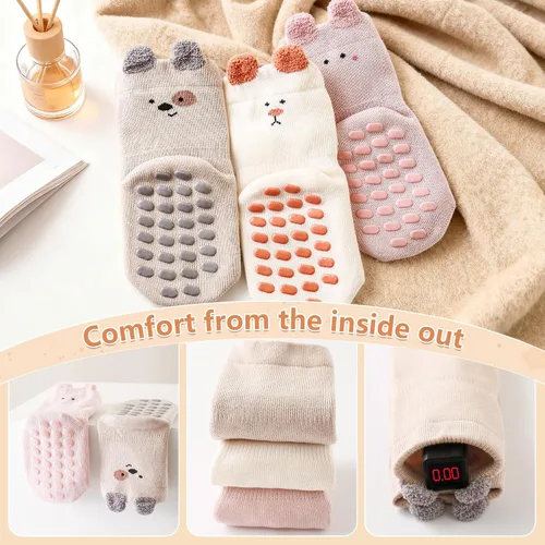 Miniatura 4 de Adorable diseño de animales de dibujos animados calcetines de algodón antideslizantes para bebés, 5 pares de calcetines antideslizantes para niños
