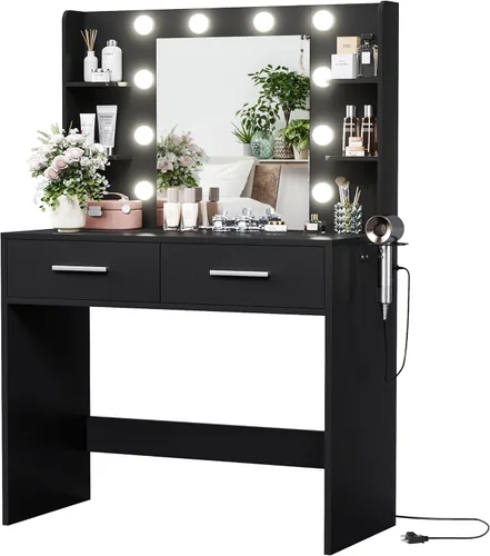 Miniatura 13 de YESHOMY - Escritorio tocador con espejo, mesa de maquillaje con 2 cajones grandes, toma de corriente y soporte redondo, bombilla ajustable de 3