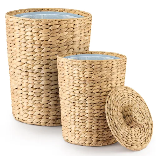 Miniatura 9 de Tidita Cesta de basura de mimbre de 4 galones, cubo de basura de baño de jacinto de agua con tapa, cubo de basura de baño estilo bohemio, cubo