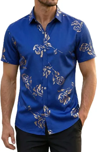 Miniatura 16 de ZEROYAA - Camisas de vestir de manga corta con estampado de rosa dorada para hombre, estilo hipster, calce ajustado, con botones