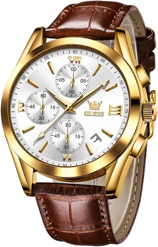 Miniatura 20 de OLEVS - Relojes para hombre, de cuero marrón, caja dorada, analógico, de cuarzo, de moda, para negocios, reloj de vestir, con fecha, luminoso