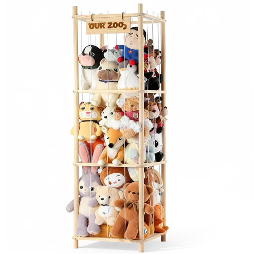 LAMU Almacenamiento de animales de peluche, soporte de madera para animales de peluche con cordones elásticos, organizador de juguetes de ahorro de