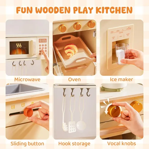 Miniatura 4 de ROBUD Juego de Cocina de Madera para Jugar, Cocina de Juego de Simulación para Niños, Cocina de Juguete con Microondas, Fregadero, Estufa y Máquina