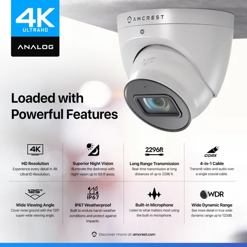 Miniatura 3 de Amcrest Cámara de seguridad analógica 4K para exteriores, torreta 8MP @15fps CCTV-Coax-BNC, visión nocturna de 65 pies, ángulo de 125°, micrófono