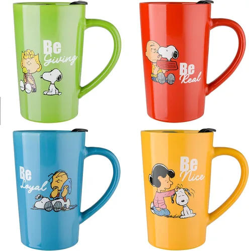 Peanuts Snoopy Gentle Reminders - Juego de tazas de viaje de cerámica de 18 onzas con tapa, paquete de 4, colores surtidos, juego de tazas de café