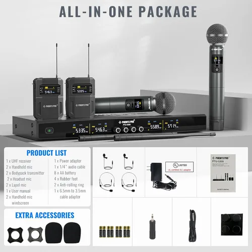 Miniatura 6 de Phenyx Pro Sistema de micrófono inalámbrico de 4 canales PTU-5200-2H2B Bundle con micrófono de mano UHF