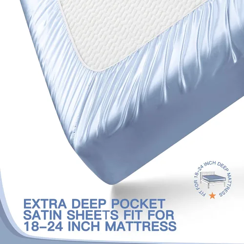 Miniatura 5 de VACVELT Juego de 4 sábanas de satén con bolsillo extra profundo - Juego de ropa de cama tamaño completo, juego de sábanas de satén azul bebé