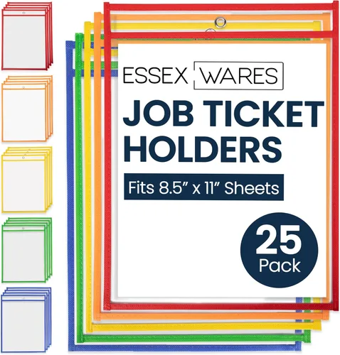 Essex Wares - Paquete de 25 soportes surtidos para boletos de trabajo, 10 pulgadas de ancho x 13.5 pulgadas de alto - Soportes de plástico