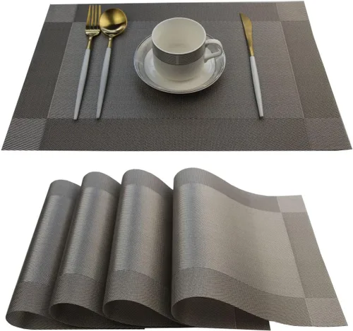 Miniatura 12 de Juego de 6 manteles individuales de plástico lavables para mesa de cocina, resistentes al calor, de vinilo tejido, para exteriores, 12 x 18 Dorado