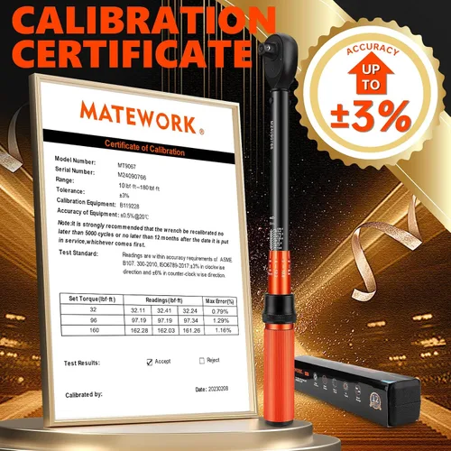 Miniatura 2 de Matework - Llave dinamométrica de 1/2 pulgada con clic, 10-180 ft.lb/13.6-244.1 Nm, Llave de torsión de alta precisión ±3% de 72 dientes de doble