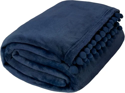 Miniatura 7 de PAVILIA Manta de forro polar para sofá con flecos de pompones, azul marino, manta de franela suave y acogedora para sofá cama, manta de felpa ligera