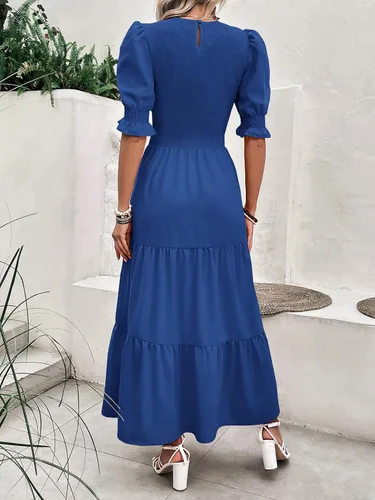 Miniatura 68 de BTFBM Vestidos para mujer, cuello redondo, casual, de verano, con volantes, manga corta, bohemio, con niveles, fruncido, largo, con estampado floral