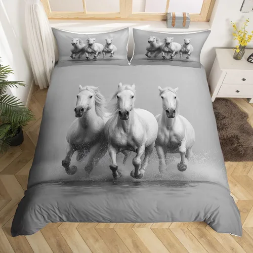 Feelyou Juego de funda de edredón de caballos blancos para niños, tamaño individual, estampado 3D corcel corcel, funda de edredón decorativa de