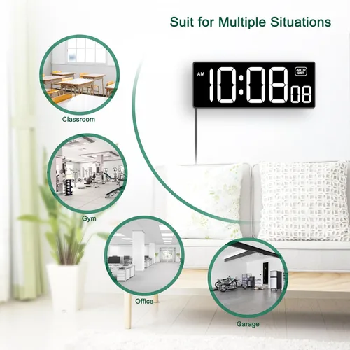 Miniatura 7 de Soobest Reloj de pared digital LED con segundos, enchufe de reloj eléctrico, atenuador automático DST con pantalla LED grande de 10 pulgadas (blanco)