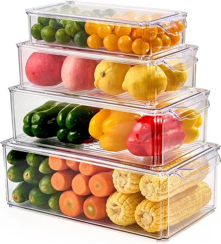 Luckore - Juego de 4 contenedores organizadores para refrigerador, organizadores transparentes y almacenamiento, apilables con tapas, contenedores