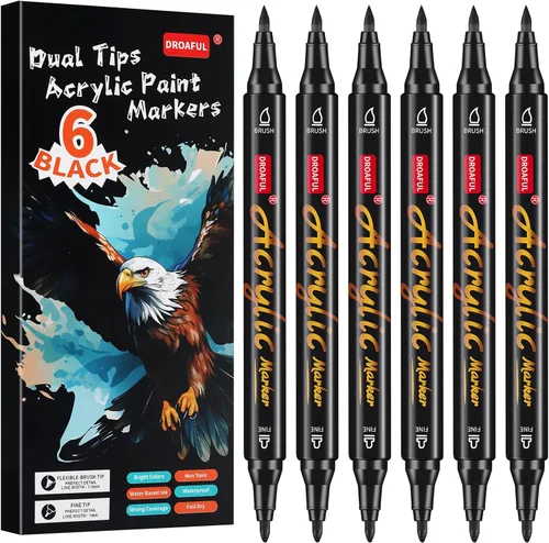 Miniatura 6 de Droaful Marcadores de Pintura Acrílica Blanco Negro, 6 Piezas Marcadores de Pintura Impermeables de Doble Punta Para Pintura en Rocas, Tela, Metal