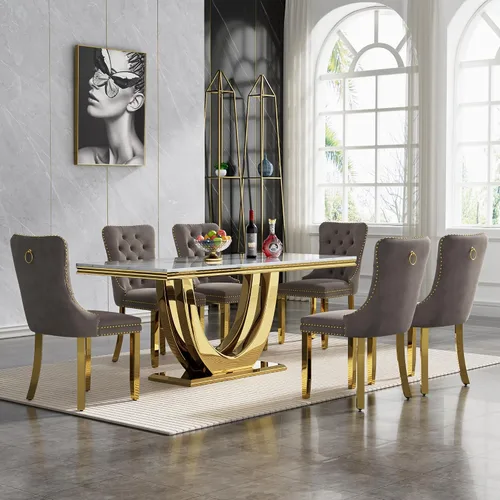 Miniatura 37 de Juego de mesa de comedor de 7 piezas con sillas, mesa de comedor de mármol sintético y sillas beige para 6, juego de mesa de comedor de oro blanco