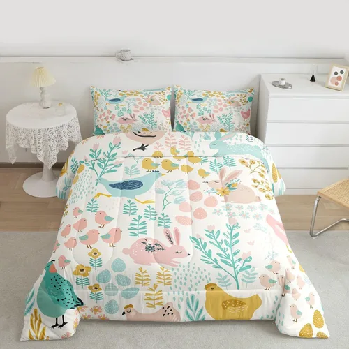 Miniatura 2 de Juego de edredón de pollo tamaño individual, juego de ropa de cama de conejo azul y rosa, caricatura Kawaii de animales salvajes, edredón amarillo