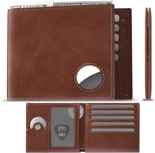 typecase Cartera de cuero para hombre con agujero AirTag bolsillo oculto compatible con Apple Air Tag, cuero de grano superior, plegable, delgada,
