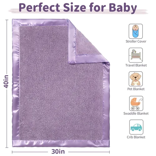 Miniatura 6 de Pro Goleem Manta de vellón para bebé con ribete satinado de 2 pulgadas, manta de felpa suave para niños y niñas para bebés, color morado, 30 x 40