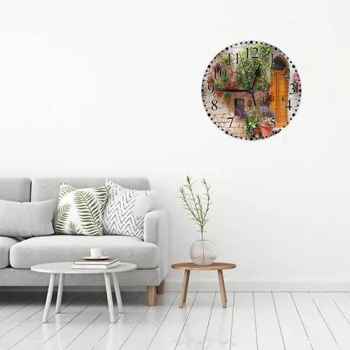 Miniatura 5 de Italian Hill Town of Assisi - Reloj de pared de 10 pulgadas, funciona con pilas, flores coloridas fuera de un hogar, reloj moderno silencioso sin