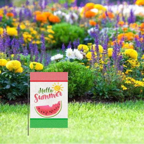 Miniatura 9 de Bandera de jardín de verano de 12 x 18 pulgadas, bandera de jardín de sandía de doble cara, bandera de arpillera a cuadros, banderas de verano