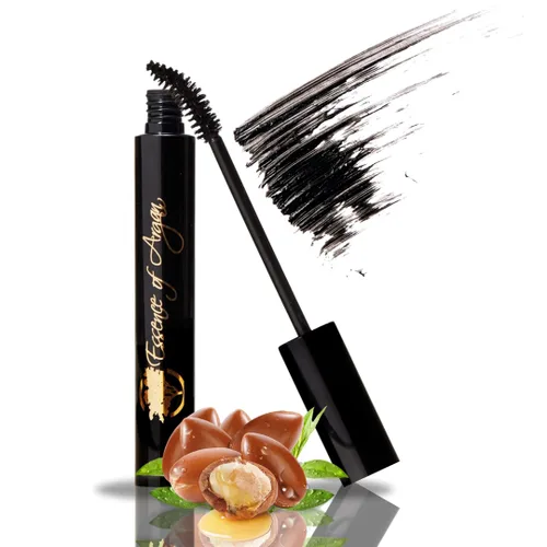 Essence of Argan Máscara acondicionador de pestañas con aceite de argán ECOCert orgánico 100% puro, máscara negra impermeable con cera de abeja y