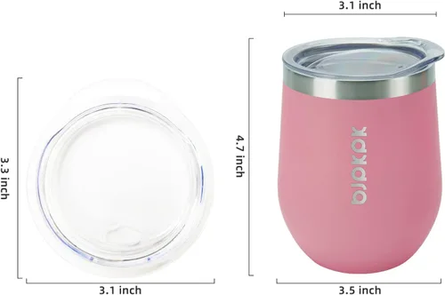 Miniatura 3 de BJPKPK 2 vasos de vino aislados de 12 onzas, tazas de café al vacío de doble pared de 12 onzas con tapa, vasos de vino de acero inoxidable Rosa claro
