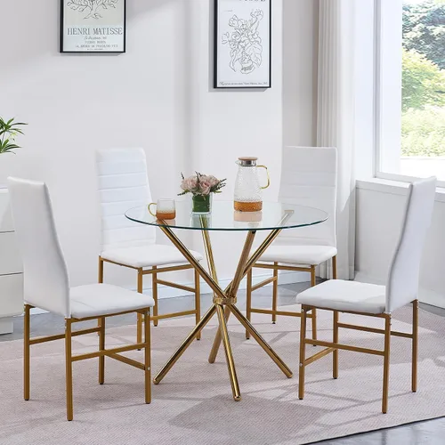 Miniatura 8 de Juego de comedor redondo de vidrio para 4 personas, mesa de comedor de vidrio compacta con sillas de piel sintética con patas doradas para espacios