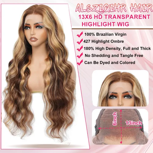 Miniatura 3 de ALSZIQIHR Peluca de cabello humano con encaje frontal HD de 13 x 6 pulgadas, reflejos 4/27, rubio miel, ondulado, prearrancado, sin pegamento