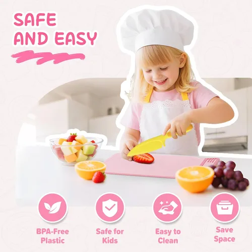 Miniatura 5 de Juego de cuchillos de cocina para niños para cocinar de verdad con caja de almacenamiento rosa, juguete de cocina Montessori con tabla de cortar