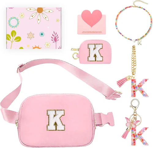 Miniatura 51 de Regalos de moda para niñas adolescentes, cangurera con monograma para niña con llavero, collar, dijes de taza, tarjeta de felicitación y caja