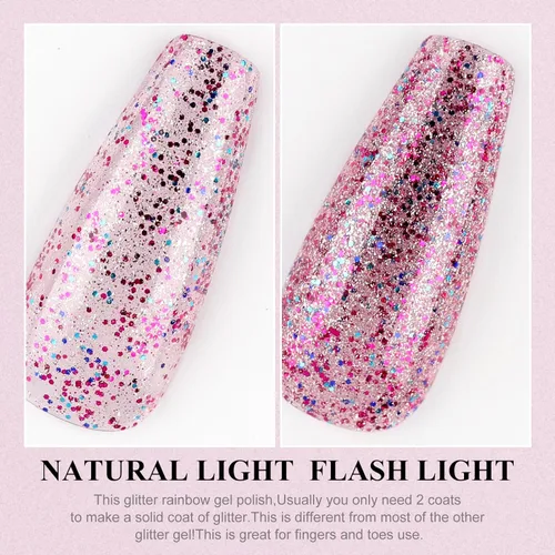 Miniatura 5 de Esmalte de uñas de gel, 1 unidad de 0.5 onzas líquidas, esmalte de uñas de gel rosa transparente colorido con purpurina, esmalte de uñas en gel que