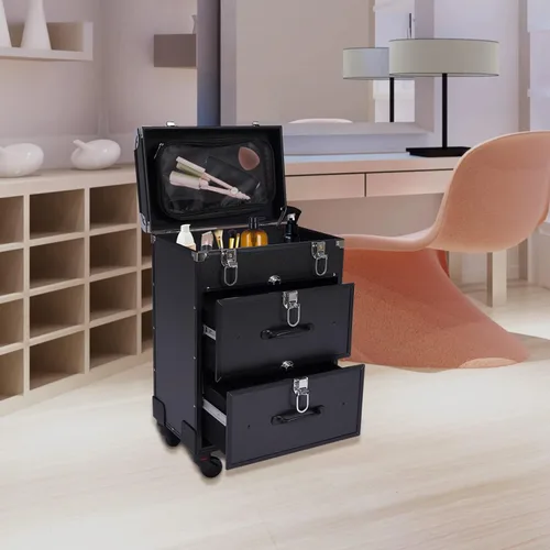 Miniatura 8 de Caja de tren de maquillaje rodante, caja de almacenamiento de maquillaje de 3 capas, carrito cosmético grande con cerraduras, organizador de Negro