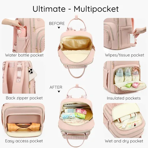Miniatura 2 de Mochila para pañales, grande, multifuncional, para niños, niñas y bebés, bolsa esencial de viaje con cambiador, bolsillos aislados, correas para Rosa