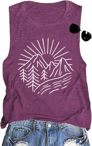 Miniatura 24 de Camisetas sin mangas de senderismo y montaña para mujer, divertidas camisetas de entrenamiento con gráficos de pino y amanecer, camisetas de verano