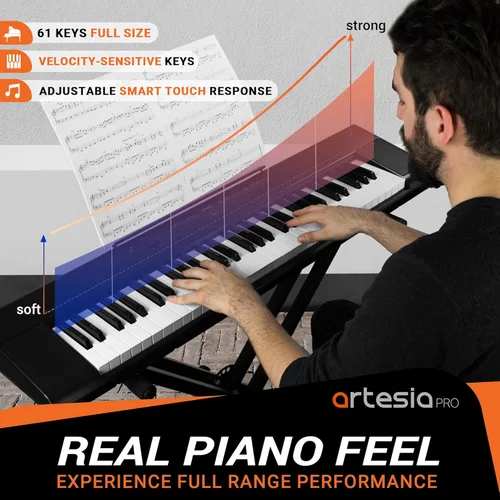 Miniatura 2 de Artesia Teclado de piano digital portátil de 61 teclas con teclas semipesadas de tamaño completo, paquete para principiantes con pedal de sustain